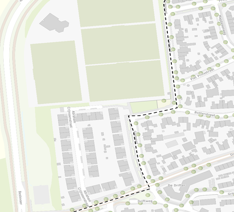 Kaart met de locaties van de groenstroken in de omgeving van Abraham Crijnssenstraat en het Grenspad