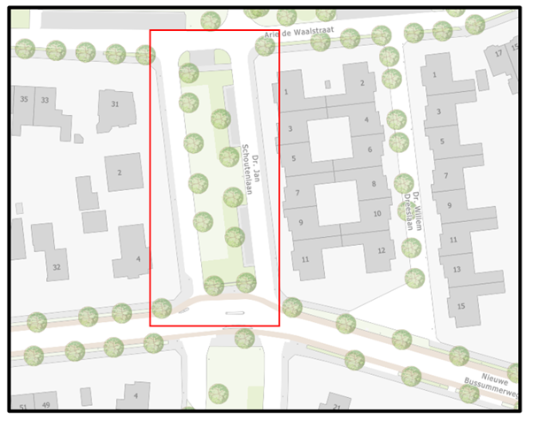 Kaart met de locatie van de groenstrook in de Dr. Jan schoutenlaan