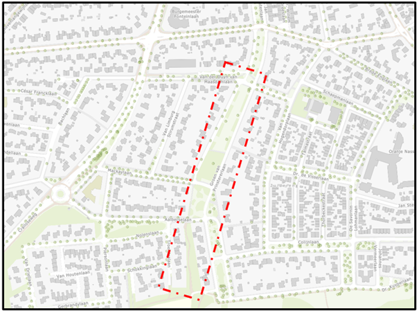 Kaart met de locatie van de groenstrook in de Groen van Prinstererlaan en omgeving.