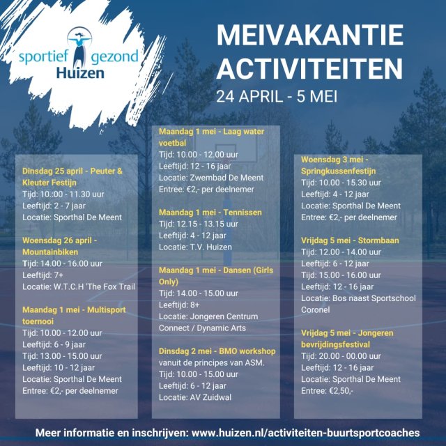 Programma met de activiteiten van buurtsportcoaches in meivakantie