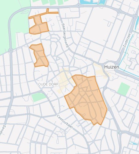 Kaart met locaties van plaatsing antieke lantaarnpalen rondom het Oude Dorp in Huizen
