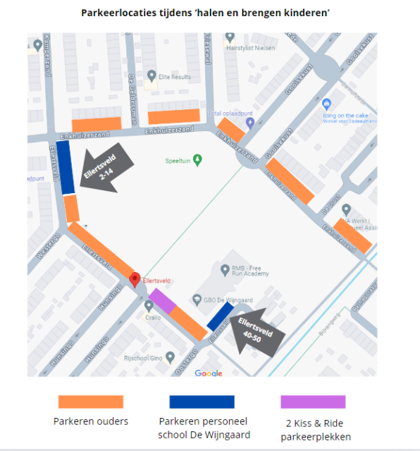 Parkeerlocaties voor het halen en brengen van leerlingen bij Ellertsveld