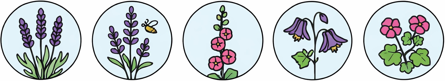 Lavendel, Salie, Stokroos, Akelei, Geranium