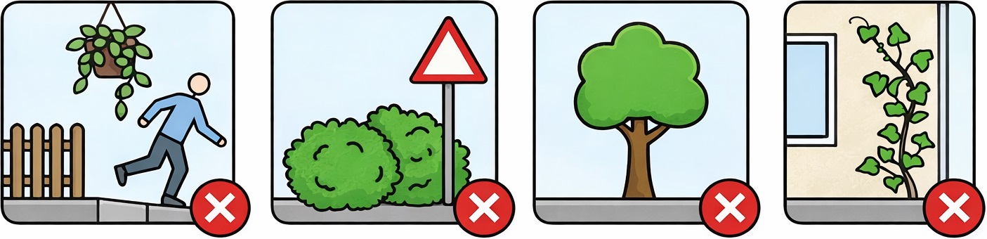 Geen hekjes, muurtjes of afscheidingen. Geen belemmering zicht verkeer. Geen bomen. Klimplanten die hechten niet toegestaan.