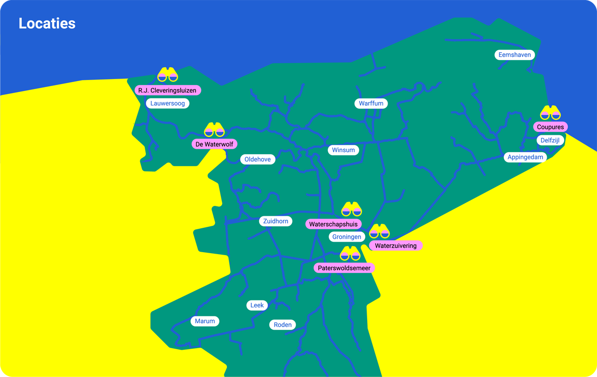 De locatie waar duikplankbankjes’ staan: het Waterschapshuis Groningen, de coupures in Delfzijl, De Waterwolf, de waterzuivering in Garmerwolde, het Paterswoldsemeer en de Cleveringesluizen bij Lauwersoog