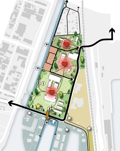 Tekening van locatie Kenniswerf, omsloten door een dikke zwarte lijn met een pijtle dat aangeeft wat de uitgangsweg is. De locatie is opgedeeld in 3 delen, met locaties (van boven naar beneden) Dockwize, Scalda en de Hogeschool Zeeland. Elk deel heeft een rood hartje in het midden. 