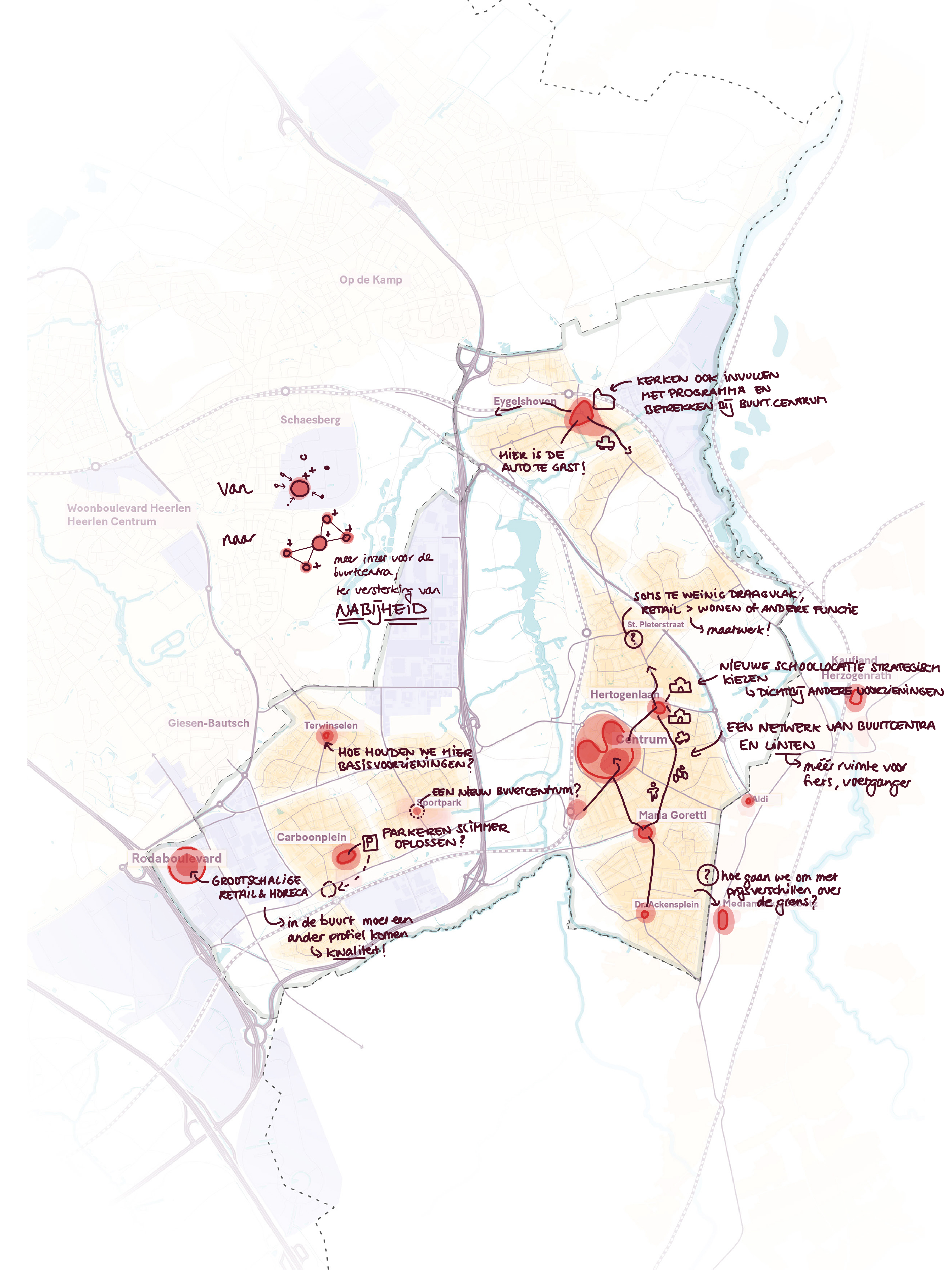 Een kaart van Kerkrade gemarkeerd met rode cirkels en handgeschreven notities over kansen en knelpunten. 
