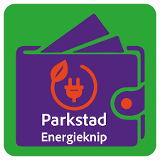 Het logo van Parkstad Energieknip: een paarse portemonnaie met daarin briefgeld, grafisch weergegeven,. Daarop de tekst Parkstad Energieknip in witte letters met daaromheen een cirkel met een blad en een stekker. 