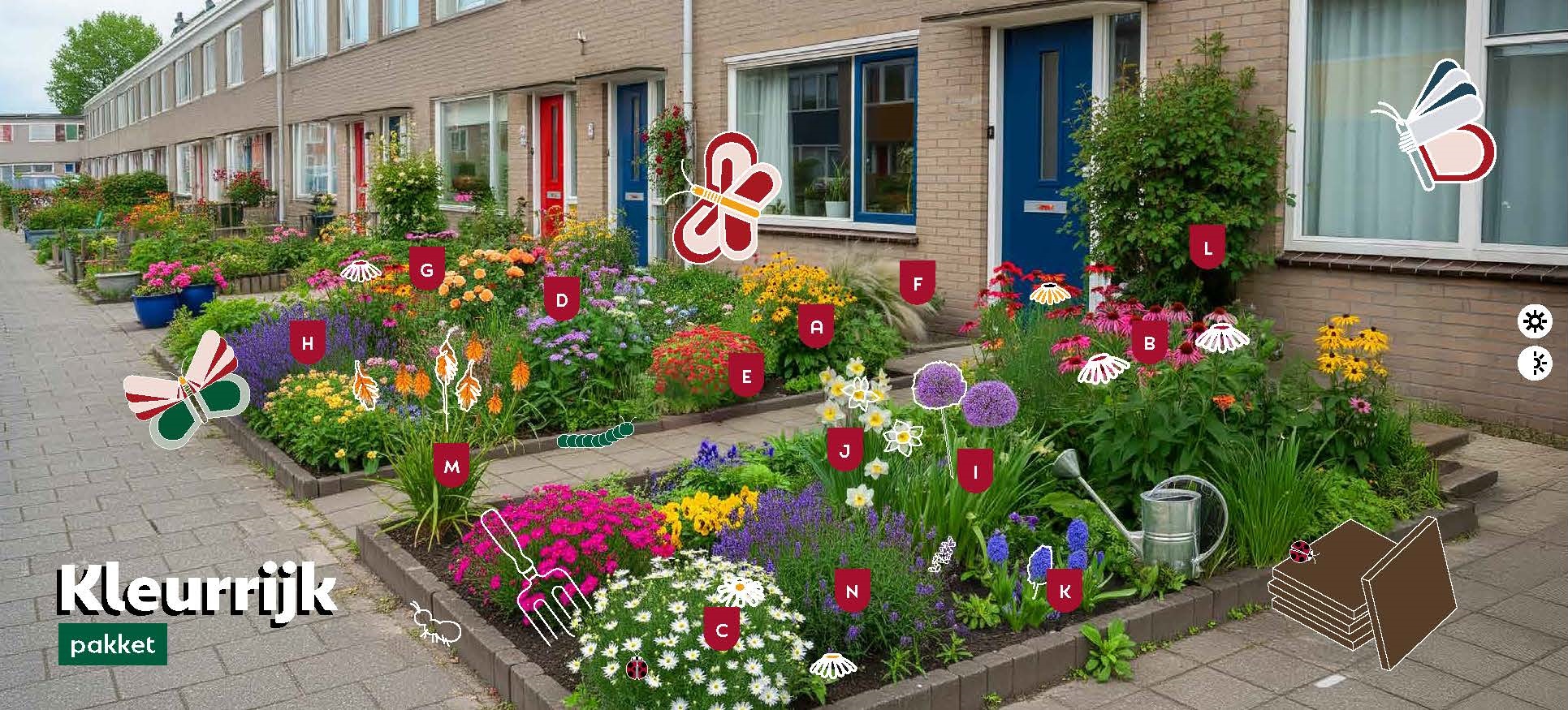 A little garden with the blooming flowers from the colorful package for sun and semi-sun. Embellished with illustrations of the animals attracted to the flowers.  
