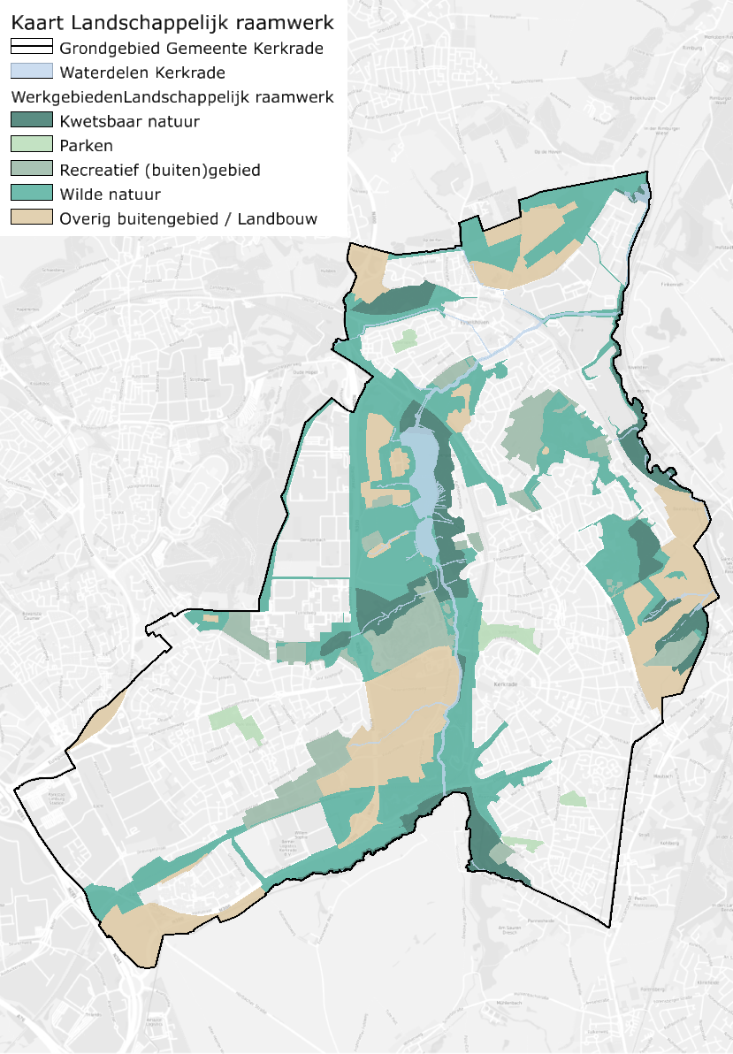Een kaart van Kerkrade waarop de verschillende eigenschappen van het landschappelijk raamwerk zijn aangegeven