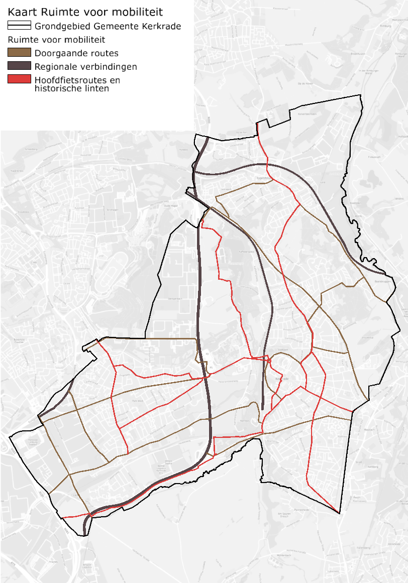 Een kaart van Kerkrade waarop de routes en verbindingen zijn gemarkeerd