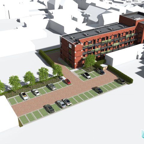 An impression of Hof van Rode apartment building seen from the air
