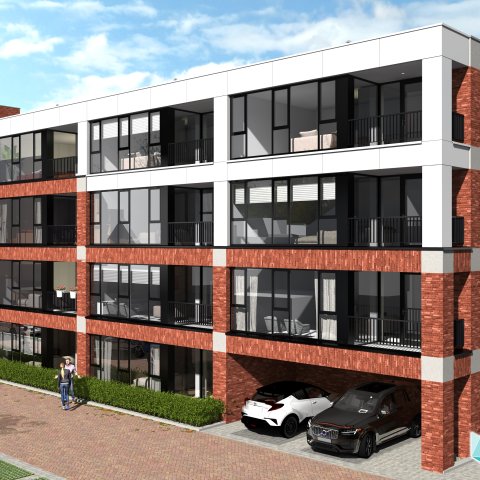 An impression of apartment building Court of Red seen from the front