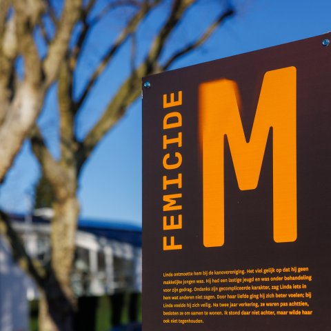 Close-up van een bord met een kort verhaal over een van de slachtoffers van femicide