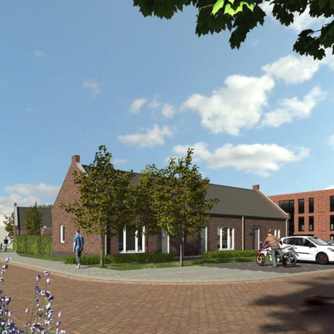 An impression of Centro Meta. The plaza with the life-sustaining housing. To the right, the apartment complex. 