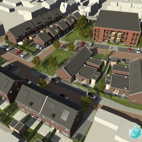 An impression aerial view of the Centr Meta area showing the townhouses in the foreground and the apartment complex in the background. The lifetime homes are in between.