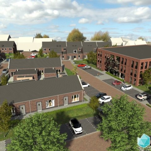 An impression aerial view of the Centr Meta area showing the lifetime homes in the foreground and the townhouses in the background. To the right in the area the apartment complex