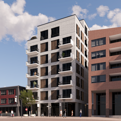 An impression of the entrance to the future residential tower seen from Niersprink Street. 