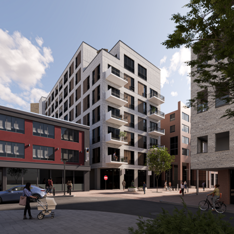 An impression of the future residential tower seen from Niersprink Street. 