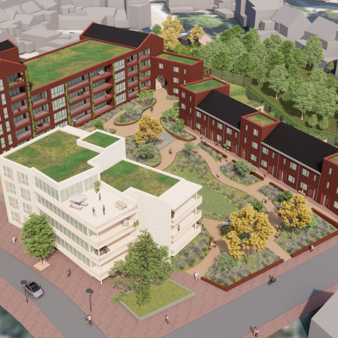 Een impressie van de nieuwe woningen in het gebied D'r Pool, gezien van bovenaf. Verschillende gebouwen van meerdere etages hoog in een groene, parkachtige omgeving. De gebouwen hebben groene dakterrassen. 