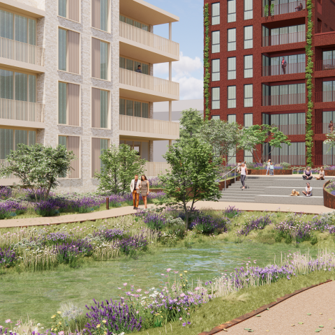Een impressie van de nieuwe woningen in het gebied D'r Pool, gezien vanuit het parkje in het midden van het gebied. Verschillende appartementengebouwen liggen rond een parkje.