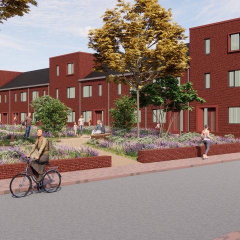 Een impressie van de nieuwe woningen in het gebied D'r Pool, gezien vanaf de straat. O{ de achtergrond liggen de stadswoningen in een parkachtige omgeving. Op de voorgrond ligt de weg waar een fietser langsrijdt. nuit het parkje in het midden van het gebied. Verschillende appartementengebouwen liggen rond een parkje.