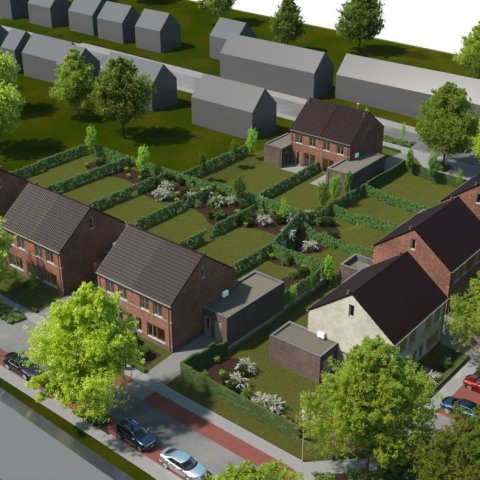 An impression aerial view of the New Canal area. The houses are in L-shape and the gardens border each other