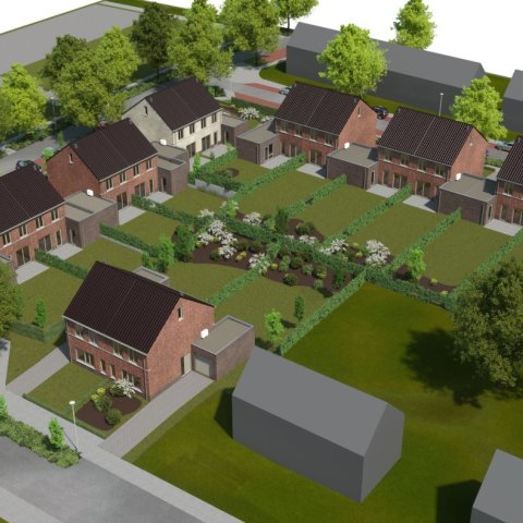 An impression aerial view of the New Canal area. The houses are in an L-shape and the gardens are adjacent. In this impression, the gardens are in the foreground.