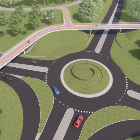 De nieuwe rotonde met twee extra afslagen, één richting de Voorterstraat en één vanuit het centrum/Stationsstraat. Voor voetgangers en fietsers komen er twee bruggen.