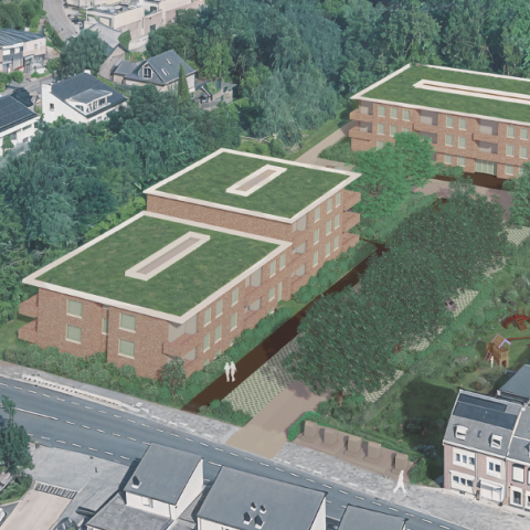 Een impressie-luchtfoto van de gebouwen met groene daken in een groene omgeving