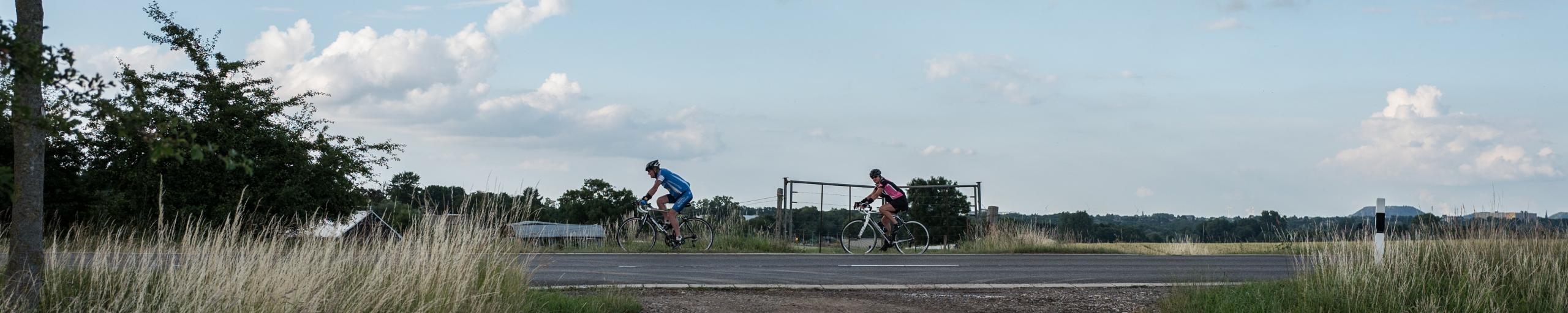 Fietsers fietsen op geasfalteerde weg door het landschap