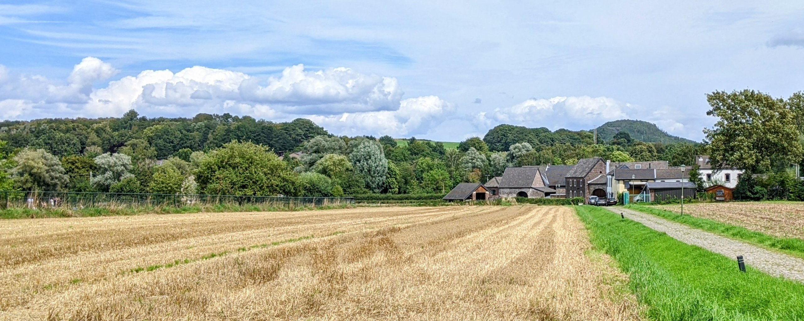 A photograph of a road leading to a building. In the background trees, in the foreground fields. 