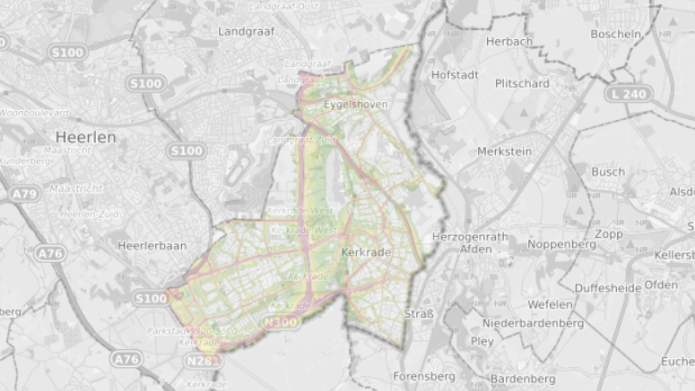 Een plattegrond van Kerkrade met daarop de geluidsbelasting aangegeven in verschillende kleuren
