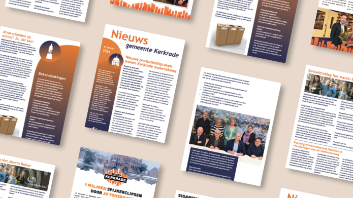 verschillende pagina's van het stadsjournaal uitgespreid op een oranje achtergrond