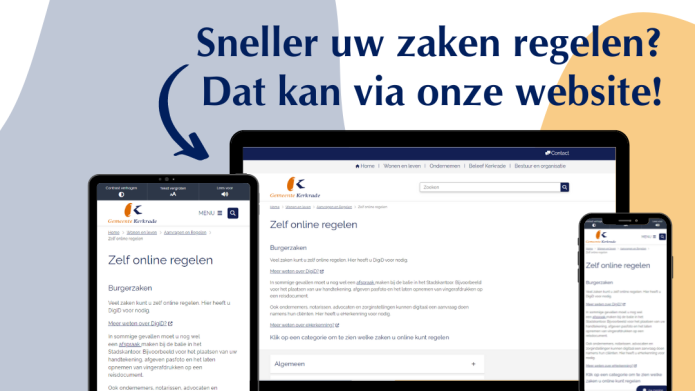 Een afbeelding van een tablet, laptop en smartphone met daarop de website kerkrade.nl/onlineregelen