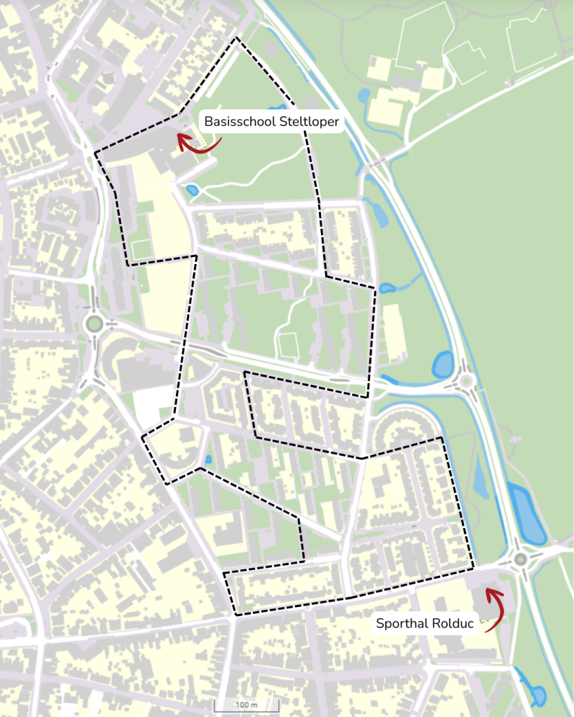 Route map with start and end point and stopover of neighborhood walk in Rolduckerveld