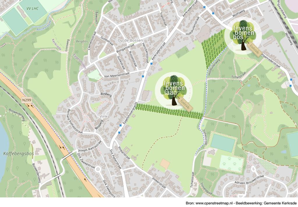 Een plattegrond met daarop de locatieaanduiding van het Levensbomenbos en de Levensbomenlaan door middel van de logo's