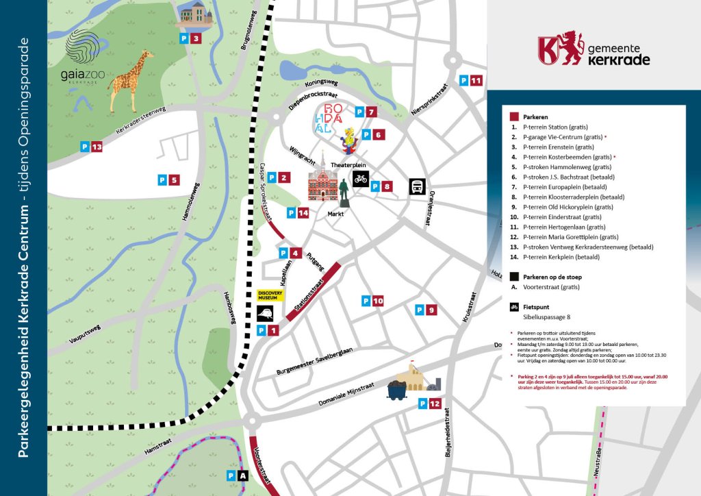 Een plattegrond van Kerkrade met de parkeermogelijkheden rondom het centrum van Kerkrade tijdens de openingsparade van WMC 2026.