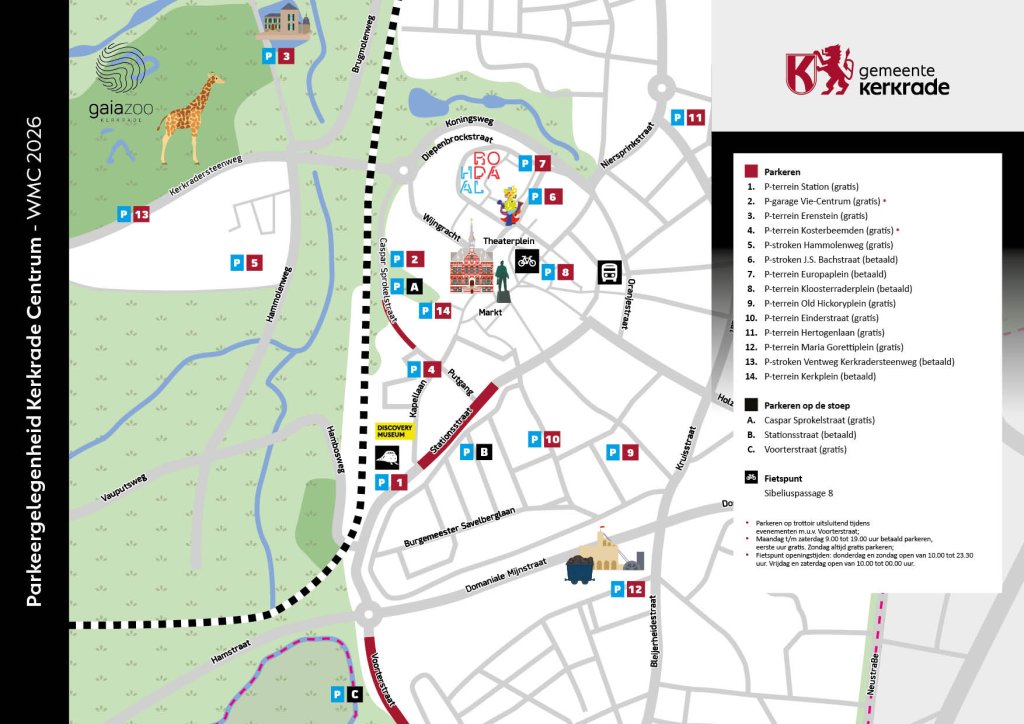 Een plattegrond van Kerkrade met de parkeermogelijkheden rondom het centrum van Kerkrade tijdens het WMC 2026.