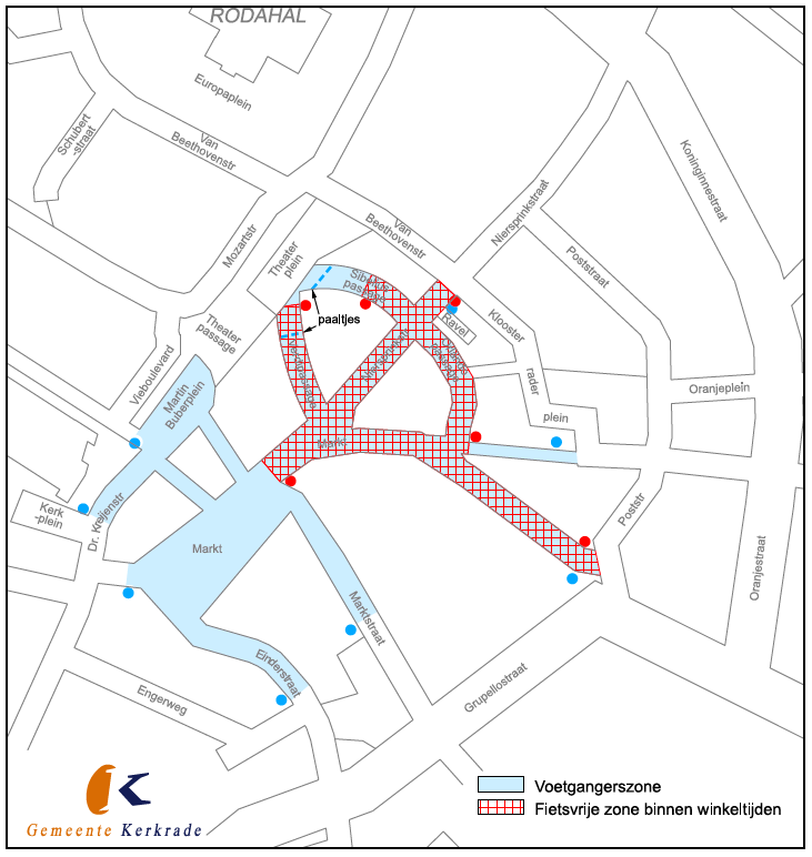 Kaartje van centrum van Kerkrade met voetgangerszone en fietsvrije zone binnen winkeltijden aangegeven