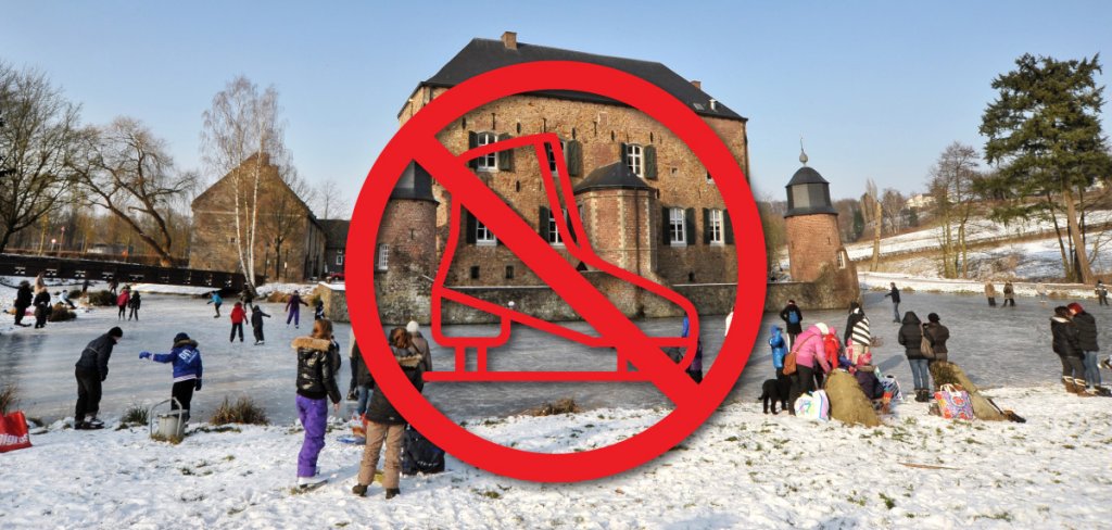 Vijver Erenstein met schaatsende mensen met logo verboden te schaatsen erop