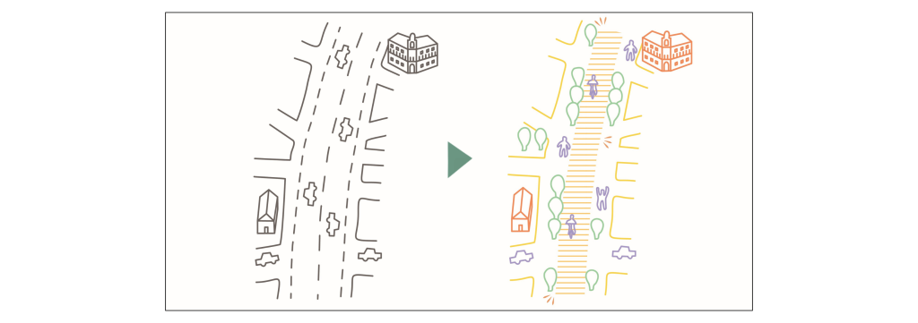 Een visuele weergave van de verbetering van de historische linten. De oude situatie in zwart geschetst, de toekomstige situatie in kleur. 