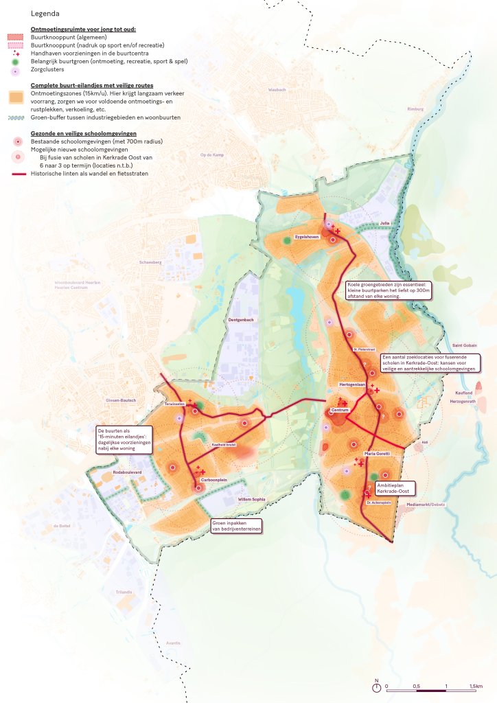 Een kaart van Kerkrade met ruimtelijke aandachtspunten of veranderingen die een rol spelen voor de werkende stad 