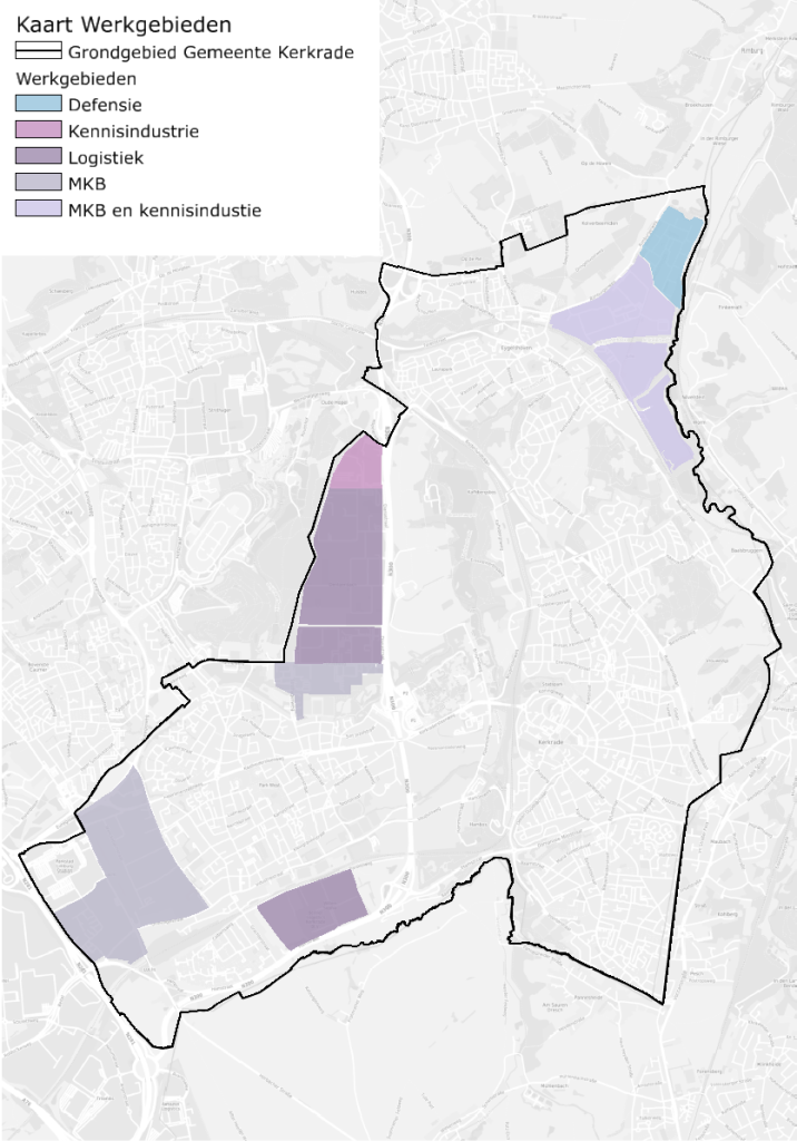 Een kaart van Kerkrade waarop de werkgebieden gemarkeerd zijn