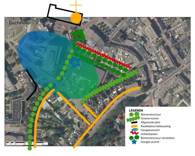 Een luchtfoto van het gebiede rondom dr Pool met daarin het groen en de bebouwing ingetekend