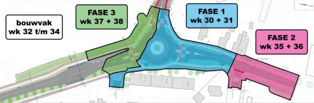 Fases werkzaamheden Waubacherweg zoals in tekst omschreven. De betreffende gedeeltes van de straat zijn per fase in een andere kleur weergegeven.