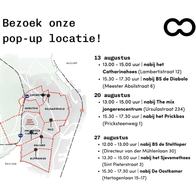 Plattegrond van alle bezoekadressen van de pop-up locatie Boost in Bleijerheide Nulland met logo van BOOST