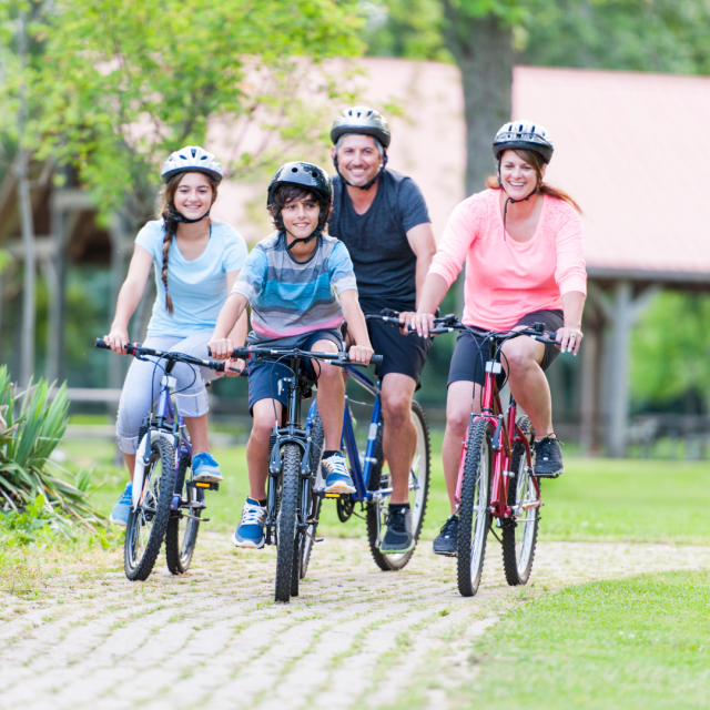 Vier mensen met fietshelmen op de fiets. Ze fietsen op een klinkerpad tussen grasvelden