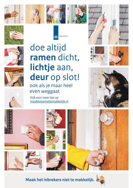 Poster met slogan 'doe altijd ramen dicht, lichtje aan, deur op slot' vergezeld door foto's die de handelingen uitbeelden