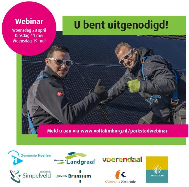 uitnodiging webinar met foto van twee mannen op een dak met zonnepanelen en de logo's van de Parkstad Limburg gemeenten